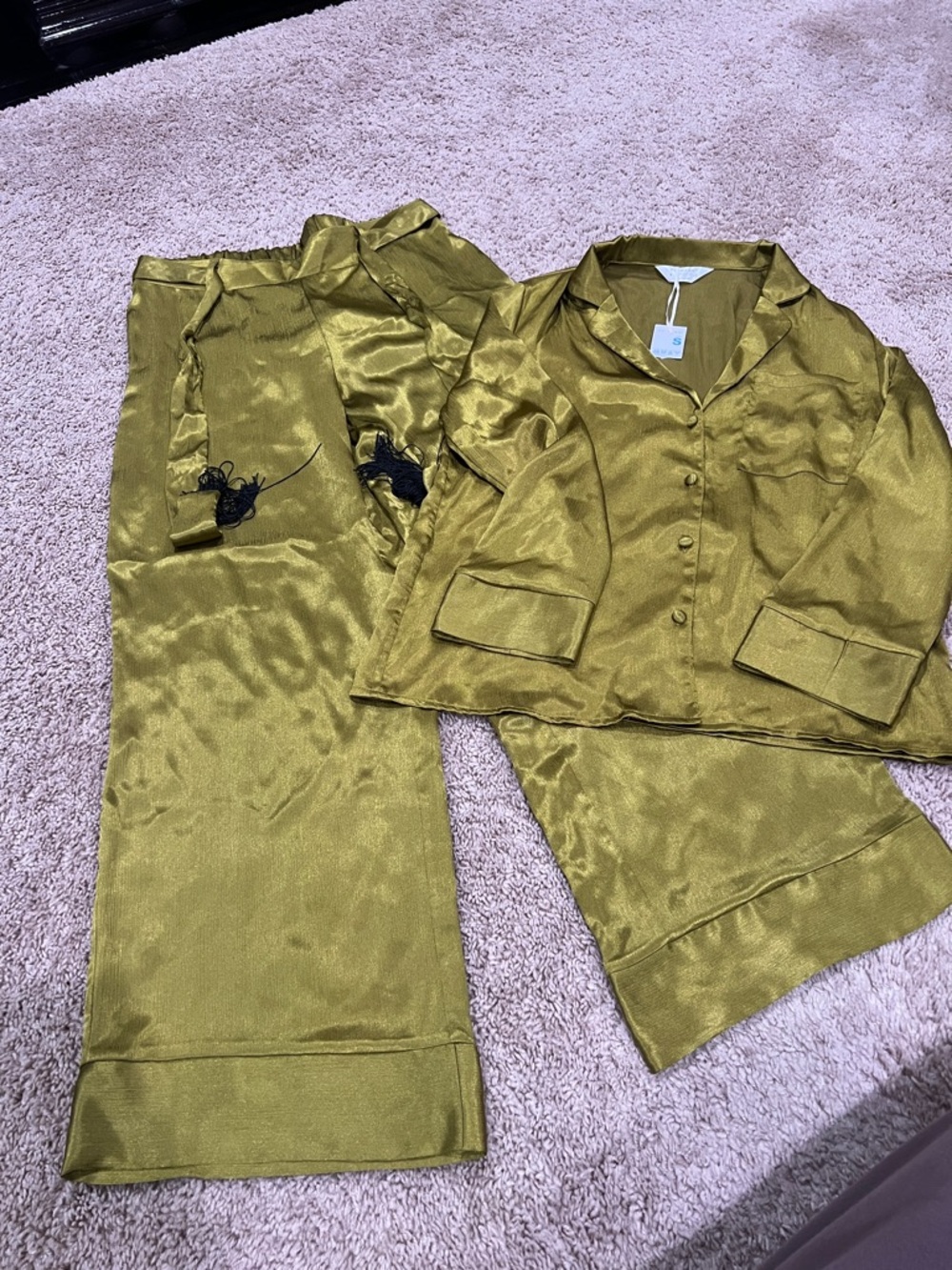 Olive Satin Set - Two Piece Button Front Top & Pants
